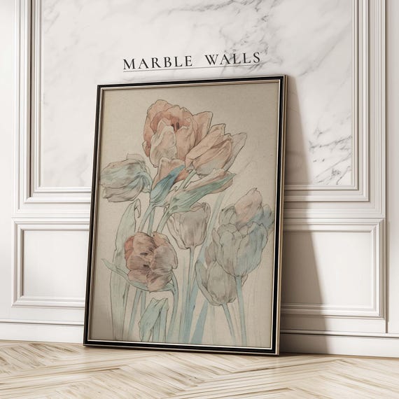 Vintage Tulip Watercolor Wall Art Print Botanical Floral Poster In Muted Pastels