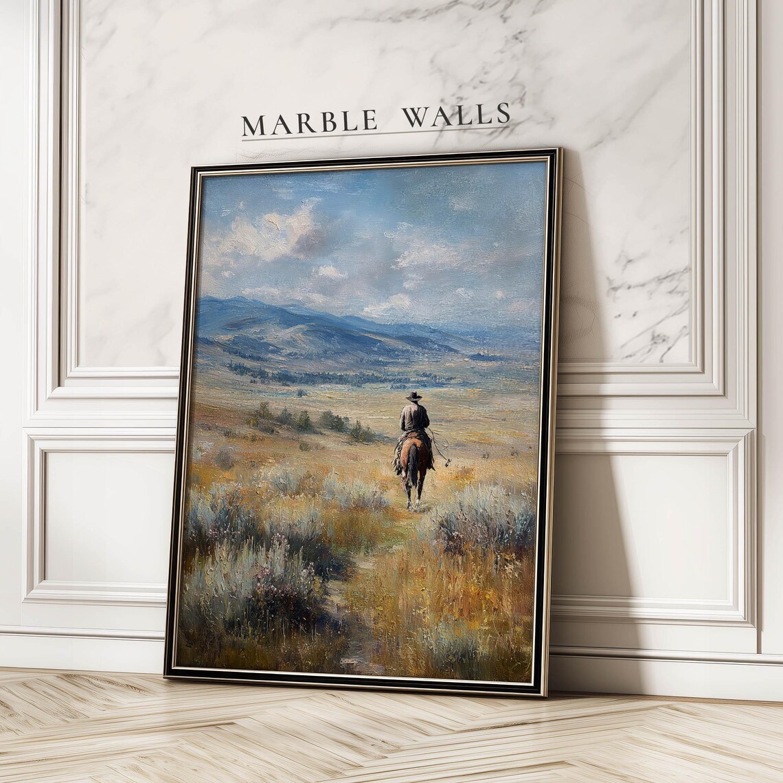Western Cowboy Horseback Prairie Valley Vintage Oil Painting Art Poster