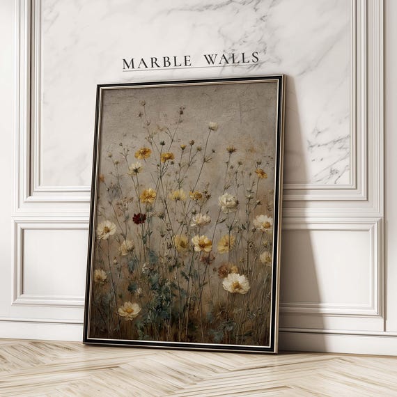 Antique Wildflower Poster Vintage Yellow Beige Meadow Art Print Botanical Floral Bedroom Hallway
