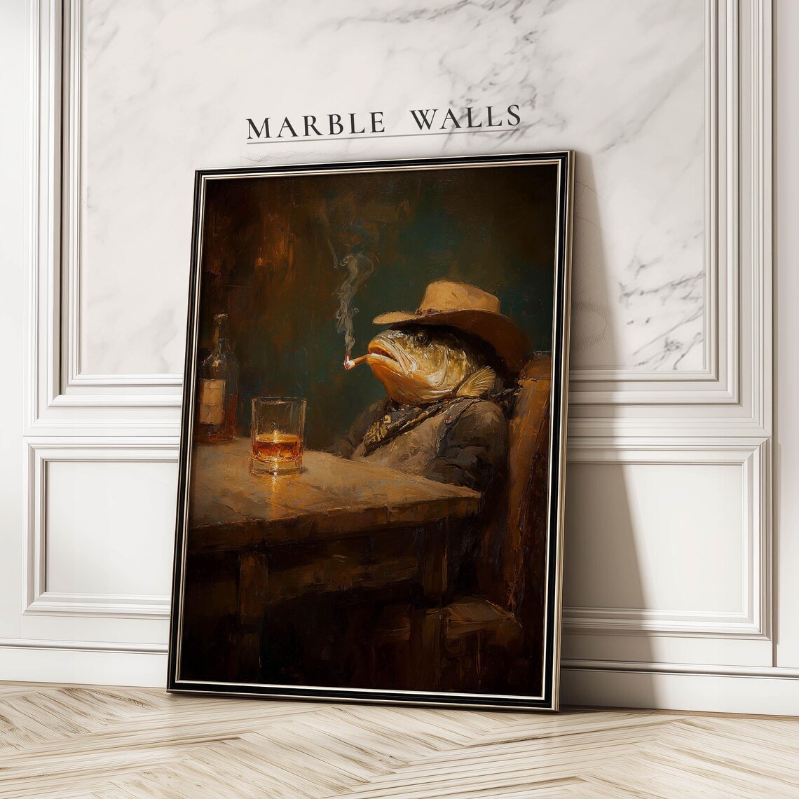 Vintage Smoking Cowboy Fish Poster Print, Western