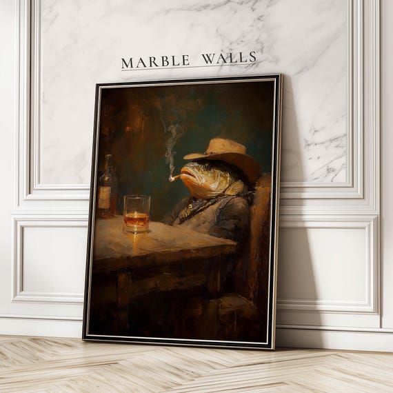 Vintage Smoking Cowboy Fish Poster Print, Western