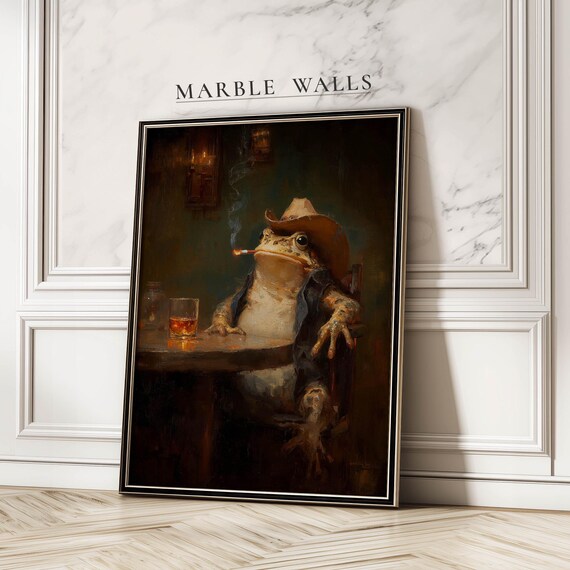 Smoking Cowboy Frog in a Hat Moody Vintage Western Saloon Poster
