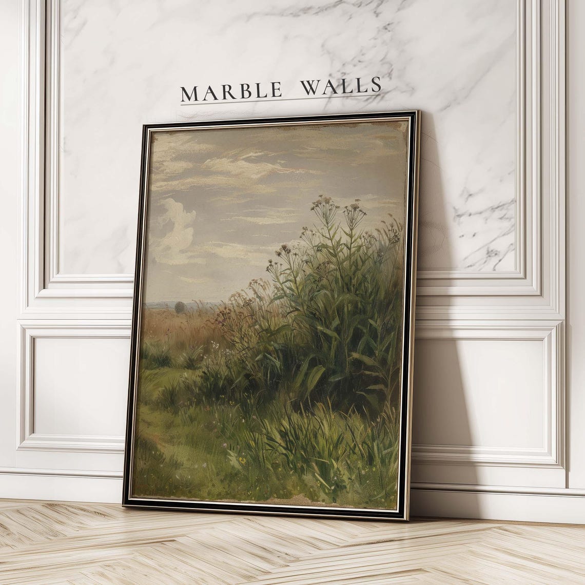 Muted Green Countryside Meadow Vintage Rustic Landscape Poster