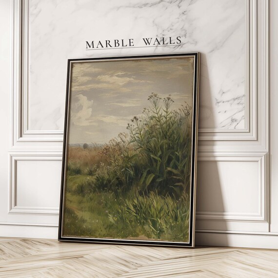 Muted Green Countryside Meadow Vintage Rustic Landscape Poster