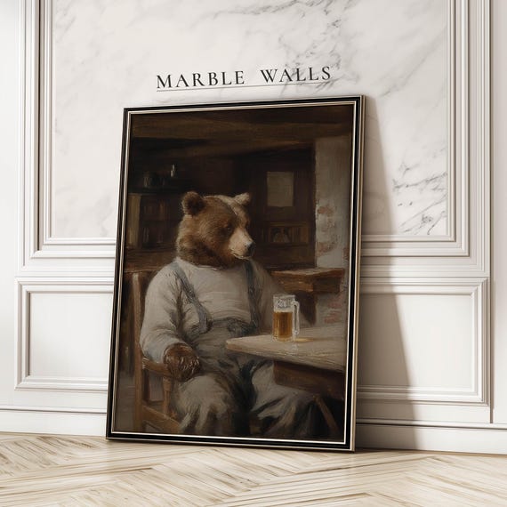 Brown Bear Drinking Beer, Funny Vintage Poster