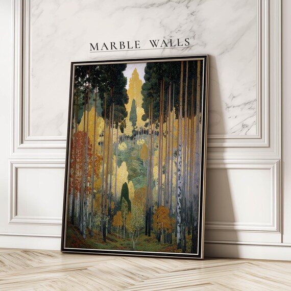 Golden Autumn Birch Forest Art Print Vintage Nature Poster For Bedroom Decor