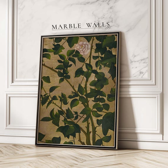 Vintage Rose Branch Wall Art Print Botanical Poster With Green Climbing Leaves For Living Room