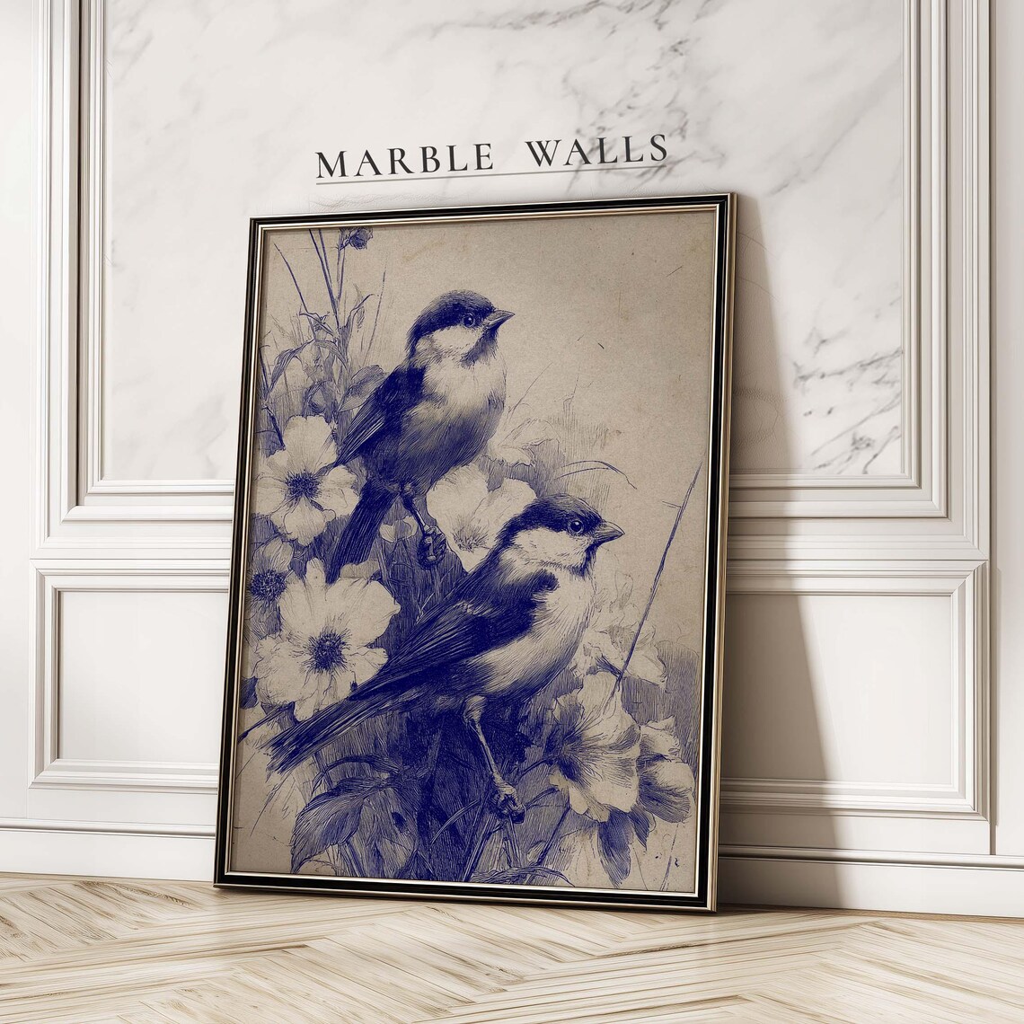 Vintage Chickadee Pair Wildflowers Antique Blue Ink Sketch Poster