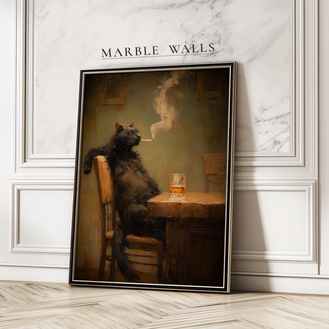 Whiskey Black Cat Vintage Animal Art Print