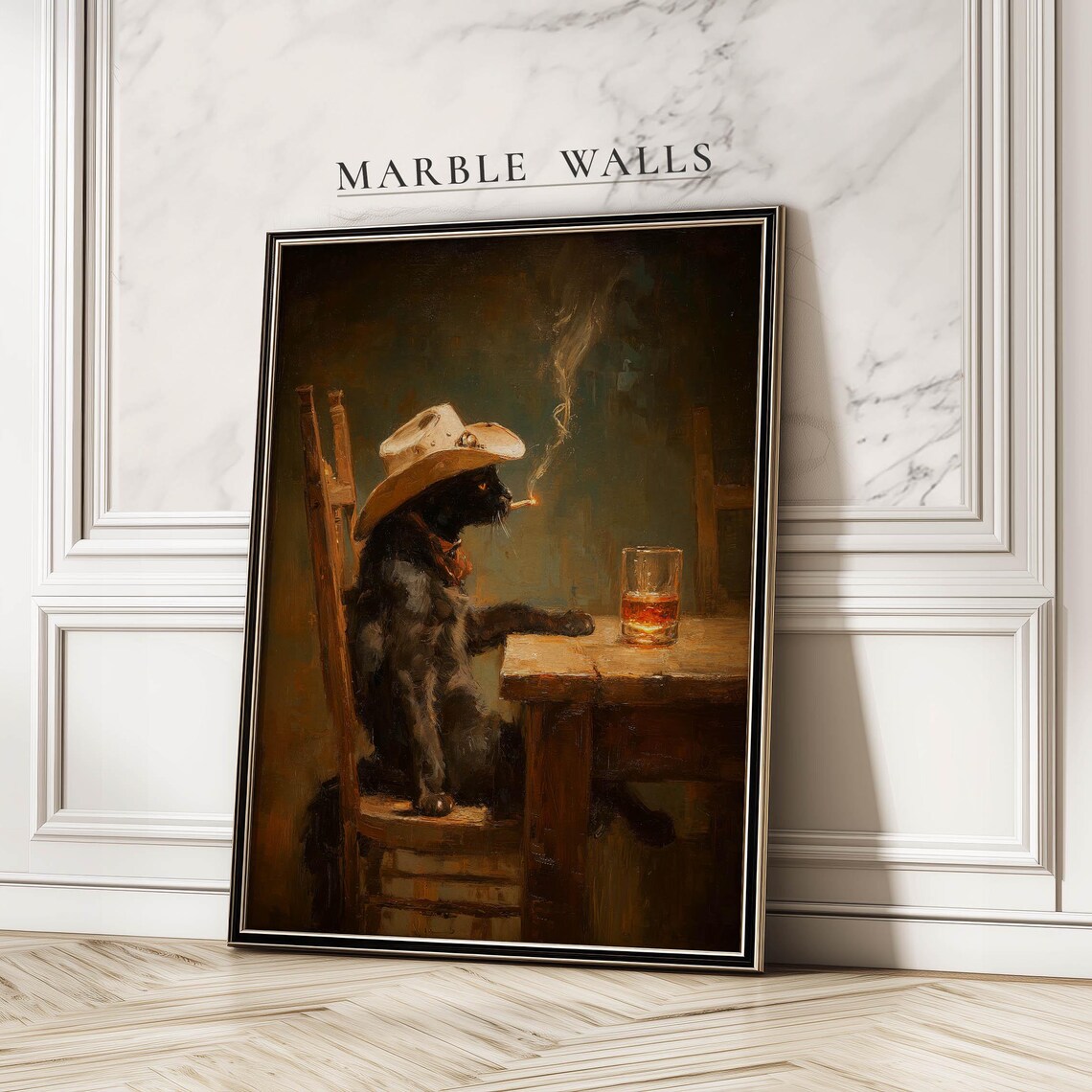 Smoking Cowboy Cat With Whiskey Moody Western Oil Painting Poster