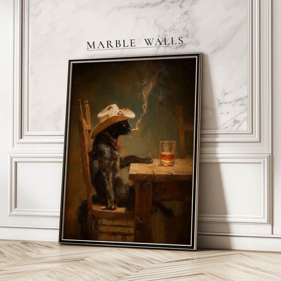 Smoking Cowboy Cat Art Print Vintage Black Wall Moody Western Poster