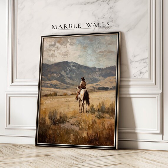 Cowboy Riding Horse Mountain Prairie Vintage Western Art Print