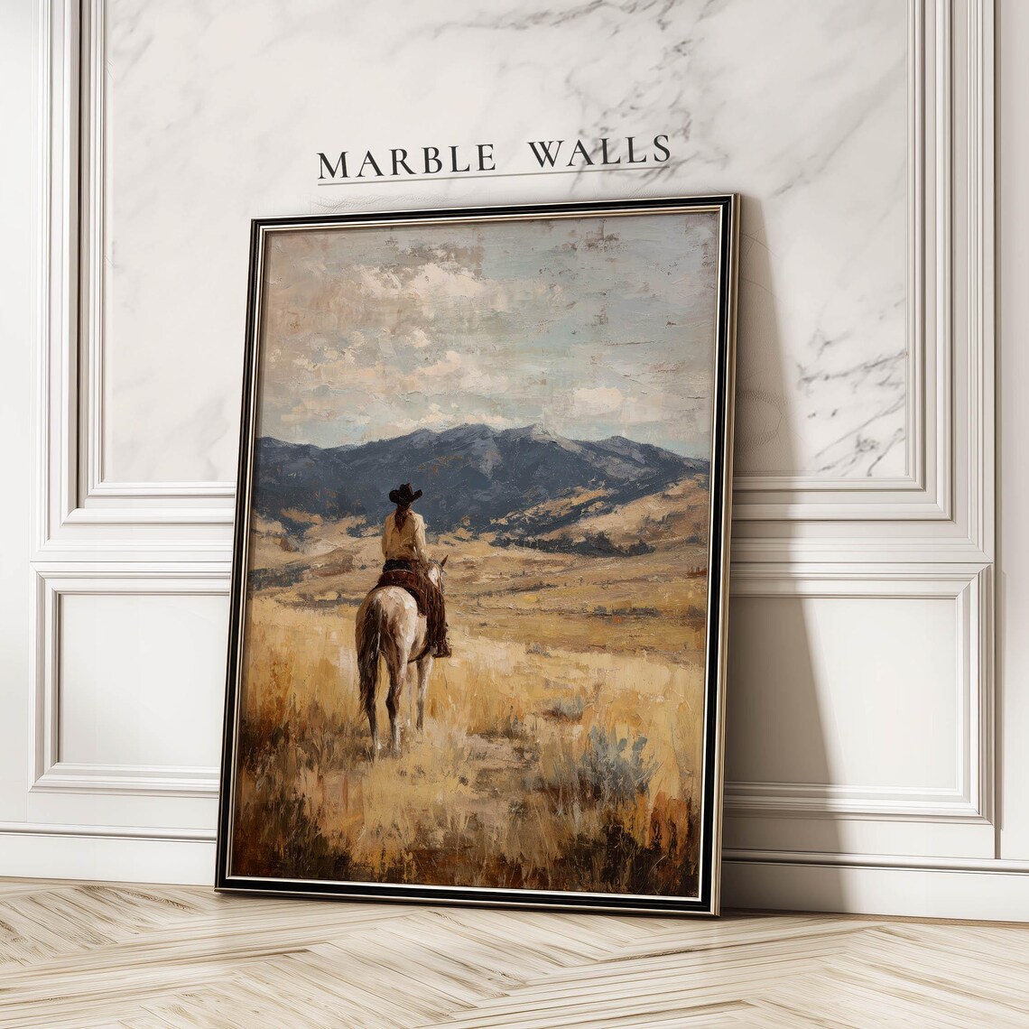 Cowboy On Horse Vintage Western Landscape Art Print
