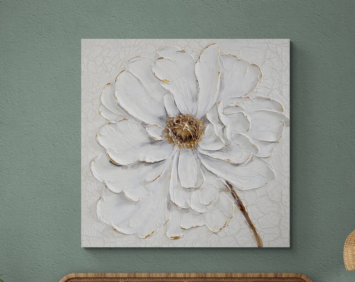 Elegant White Flower Golden Tipped Petals Textured Floral Art Poster - Image 2