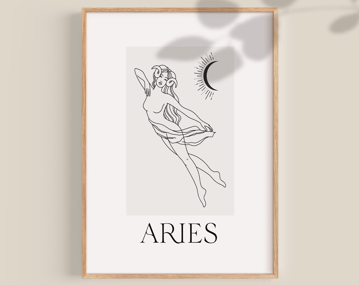 Aries Zodiac Line Art Moon Goddess Minimalist Astrology Poster