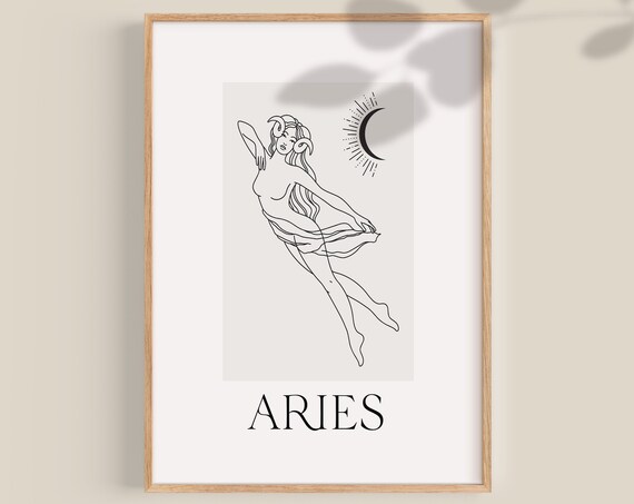 Aries Zodiac Line Art Moon Goddess Minimalist Astrology Poster