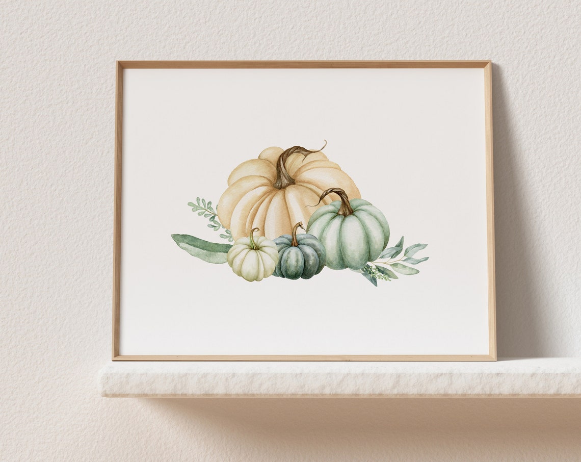 Watercolor White Pumpkins Eucalyptus Fall Thanksgiving Decor Print