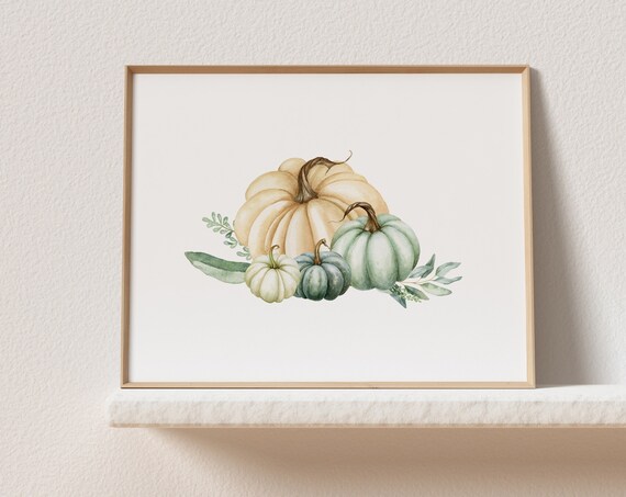 Watercolor White Pumpkins Eucalyptus Fall Thanksgiving Decor Print