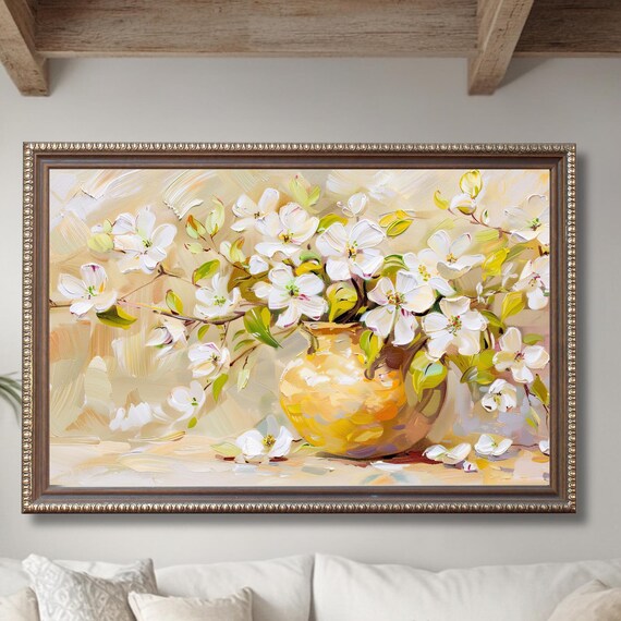 White Blossoms In Golden Vase Impasto Floral Oil Painting Poster