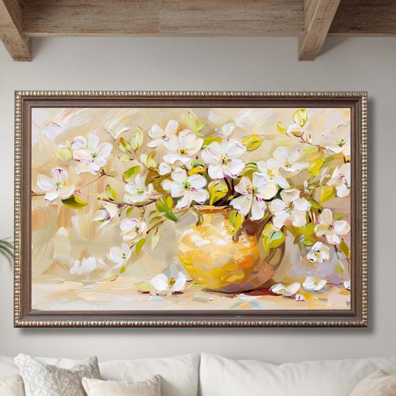 White Flowers Art Print Golden Vase Floral Painting Textured Still Life Wall Elegant Botanical Decor Abstract