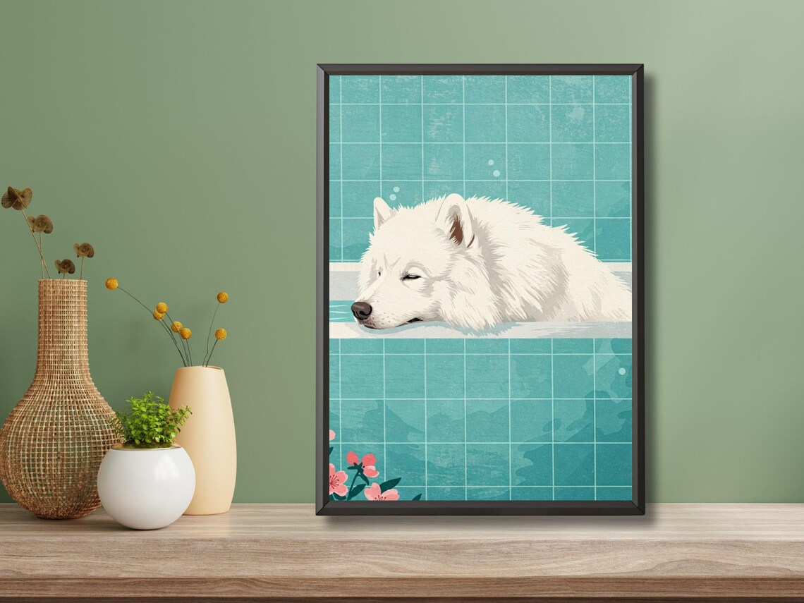 Samoyed Dog in Bathtub Japanese Ukiyoe Bathroom Cute Art Print