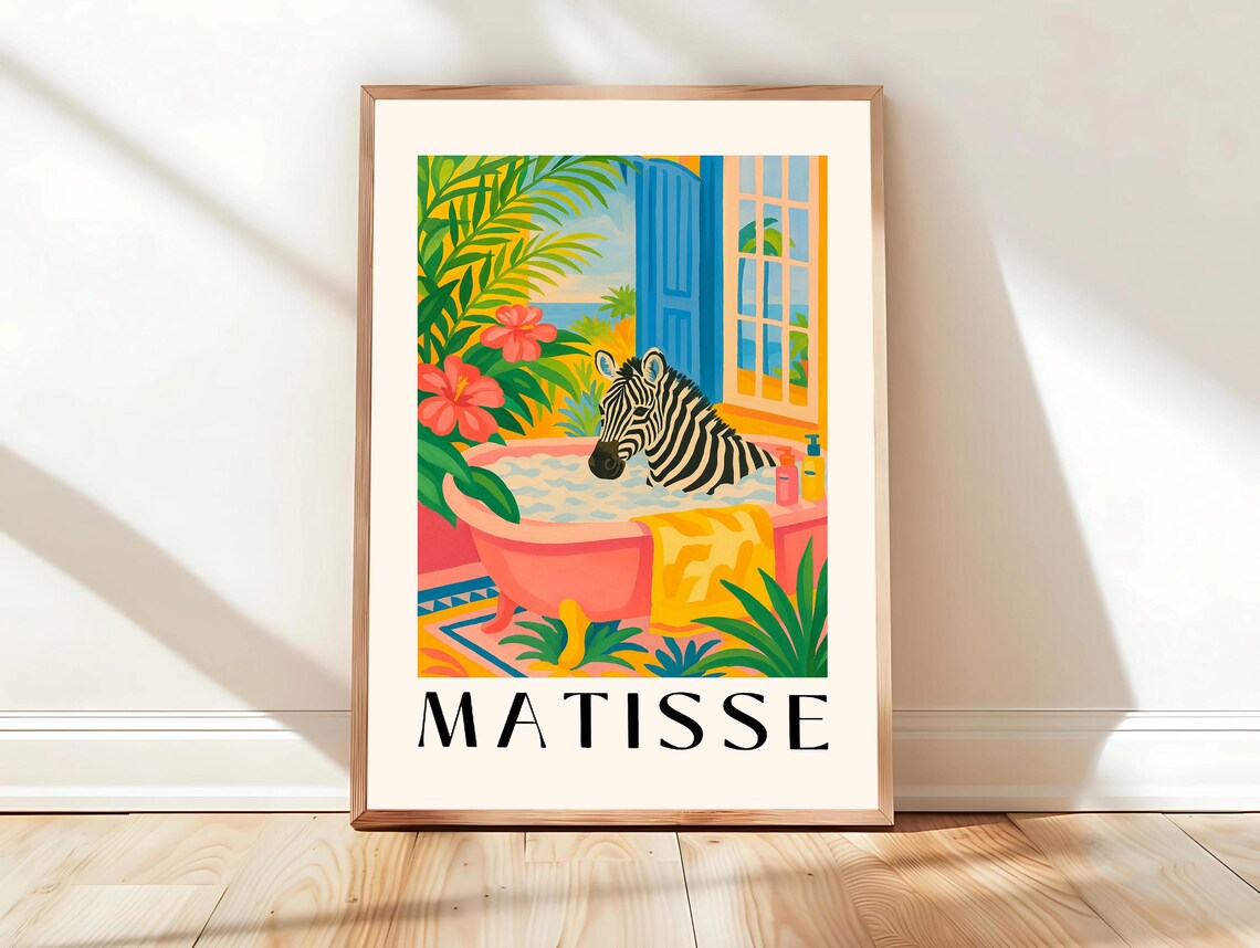 Zebra In Bathtub Funny Poster Bathroom Wall Art Pink Dopamine Decor Matisse Print Tropical Beachy