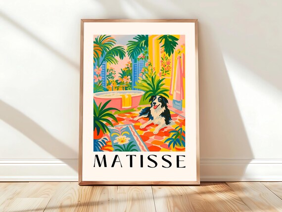 Border Collie Resting Beside Pink Bathtub Matisse Style Art Poster