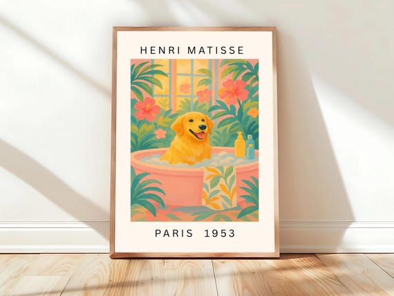 Golden Retriever In Bathtub Funny Bathroom Wall Art For Dog Lovers Print Matisse Pink Dopamine Decor