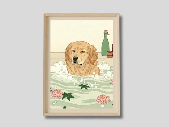 Golden Retriever Wall Art Japanese Poster Funny Bathroom Print Dog Neutral Relaxing Decor