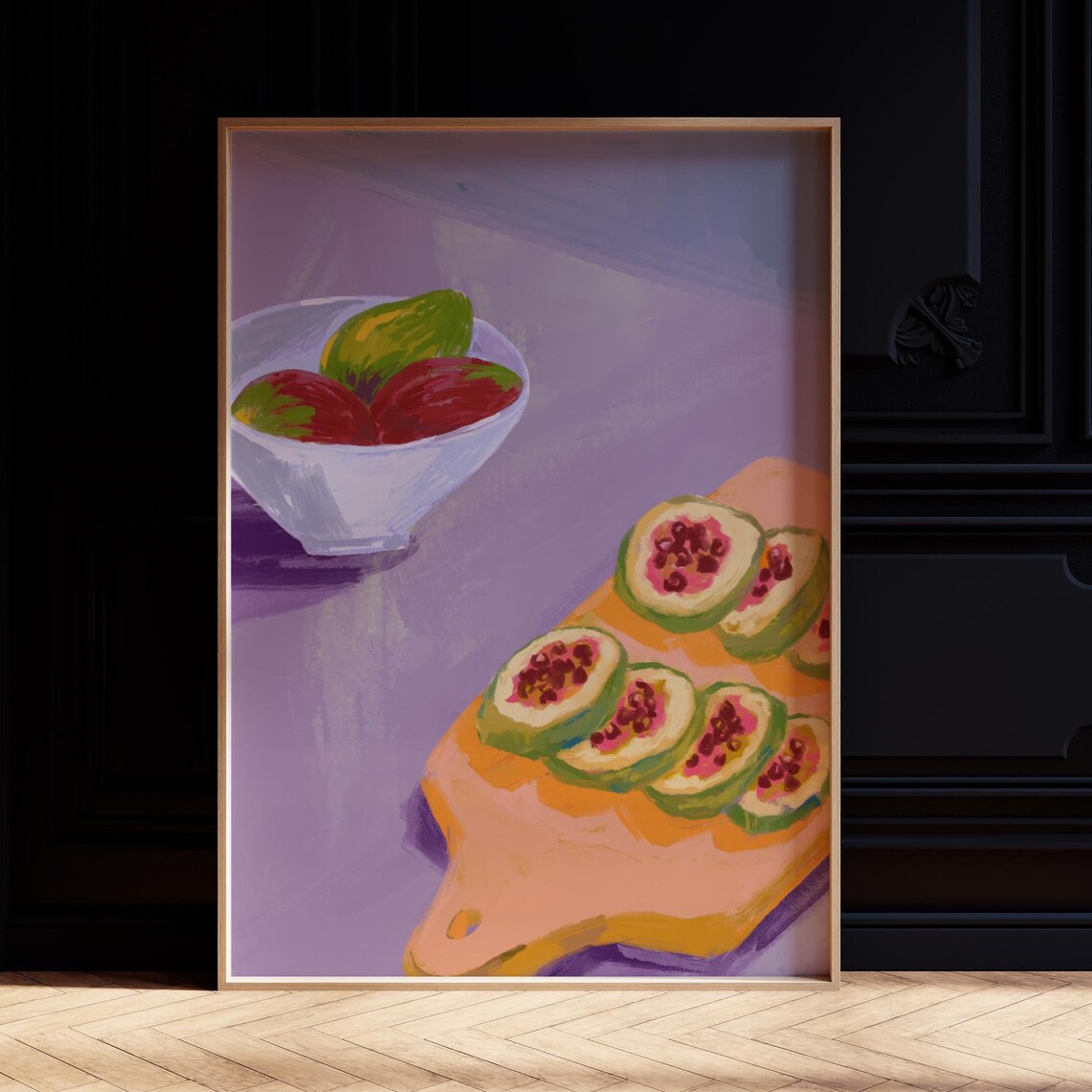 Sliced Figs Fruit Bowl Kitchen Painting Purple Background Art Poster