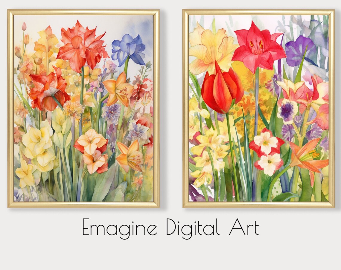 Set Of 2 Colorful Watercolor Flower Garden Floral Painting Poster
