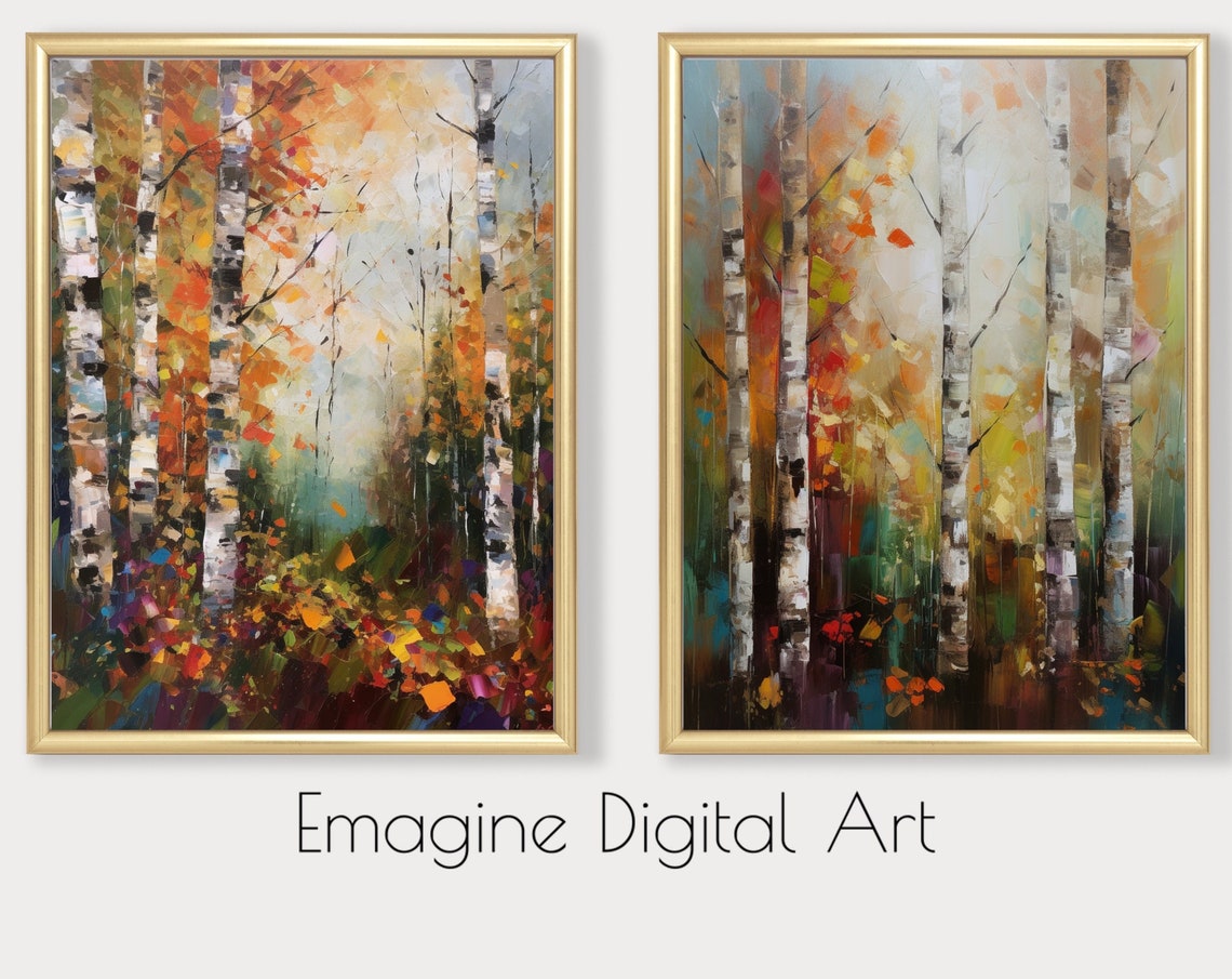 Art Set Of 2 Autumn Birch Forest Painting Fall Season Wall Decor To Instantly Print Frame Ls05