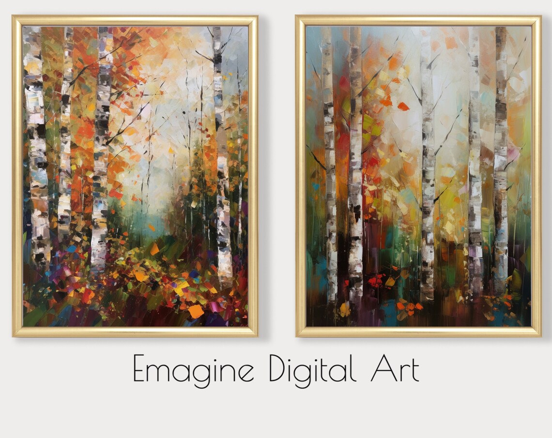 Autumn Birch Forest Paintings Set Of 2 Fall Impressionist Wall Poster
