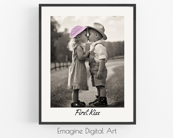 First Kiss Little Boy And Girl Vintage Style Nursery Wall Art