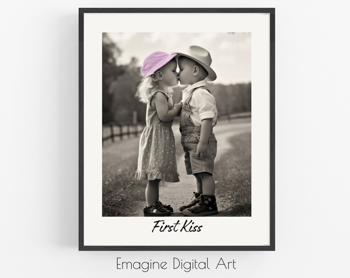 First Kiss Little Boy And Girl Vintage Style Nursery Wall Art
