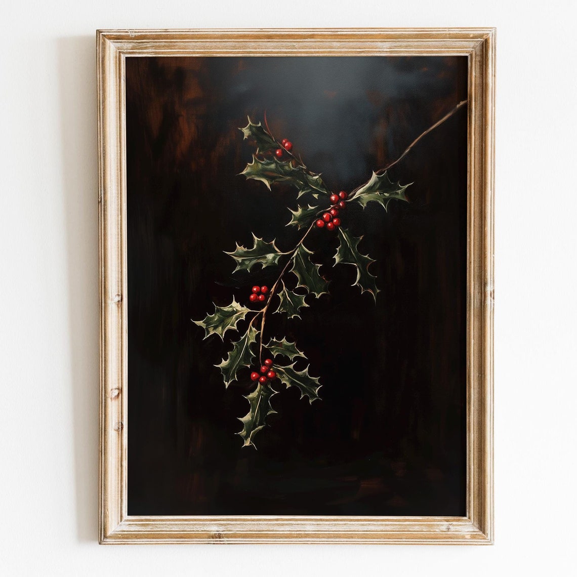 Holly Branch Red Berries Dark Background Botanical Christmas Print