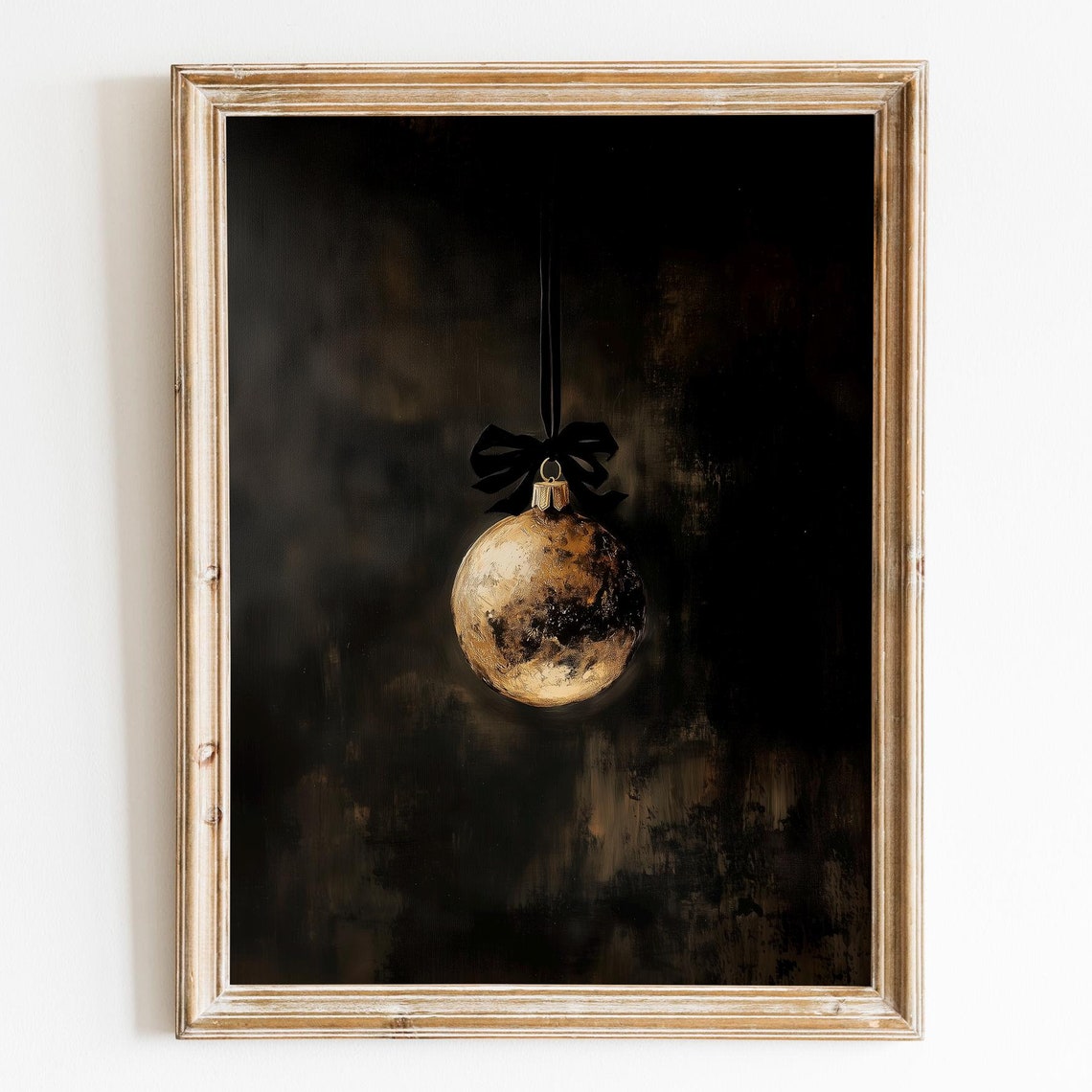 Gold Bauble Ornament Black Bow Moody Dark Background Christmas Print