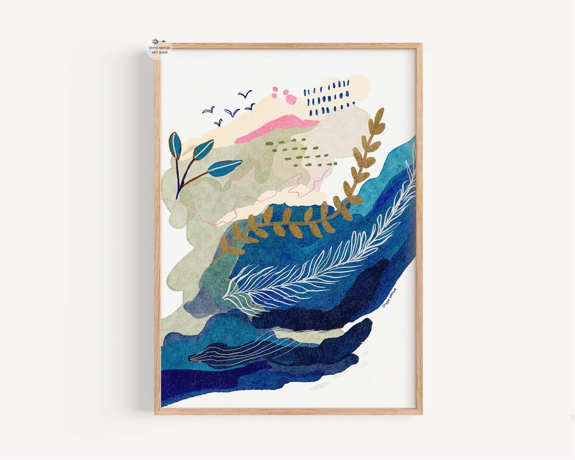 Abstract Blue Watercolor Waves Botanical Leaves Bird Art Print