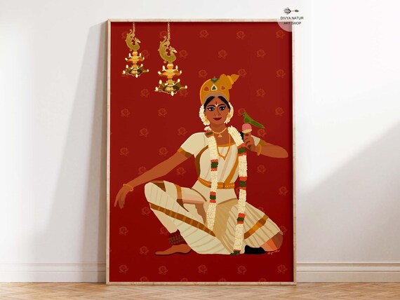 Andal Bharatanatyam Wall Art South Goddess Painting Tamil Devotional Woman Illustration Traditional Hindu Decor