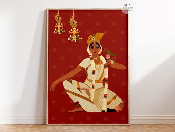 Andal Goddess as Bharatanatyam Dancer Maroon Devotional Art Poster
