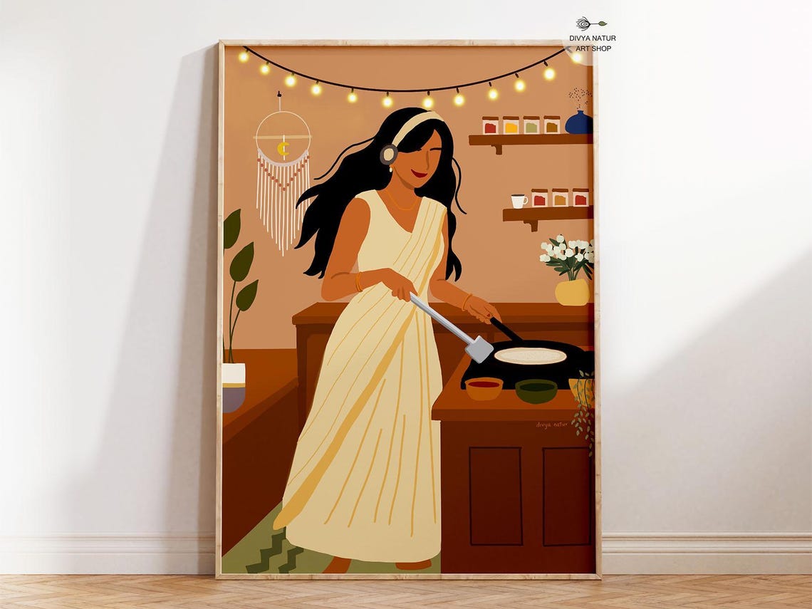 Woman Cooking Dosa In Cozy Kitchen Cream Saree Warm Home Art Poster