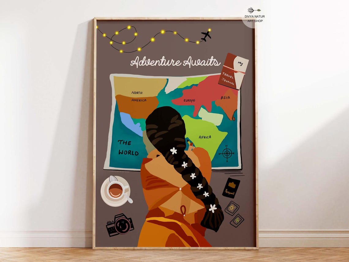Adventure Awaits World Map Girl Travel Illustration Wanderlust Poster