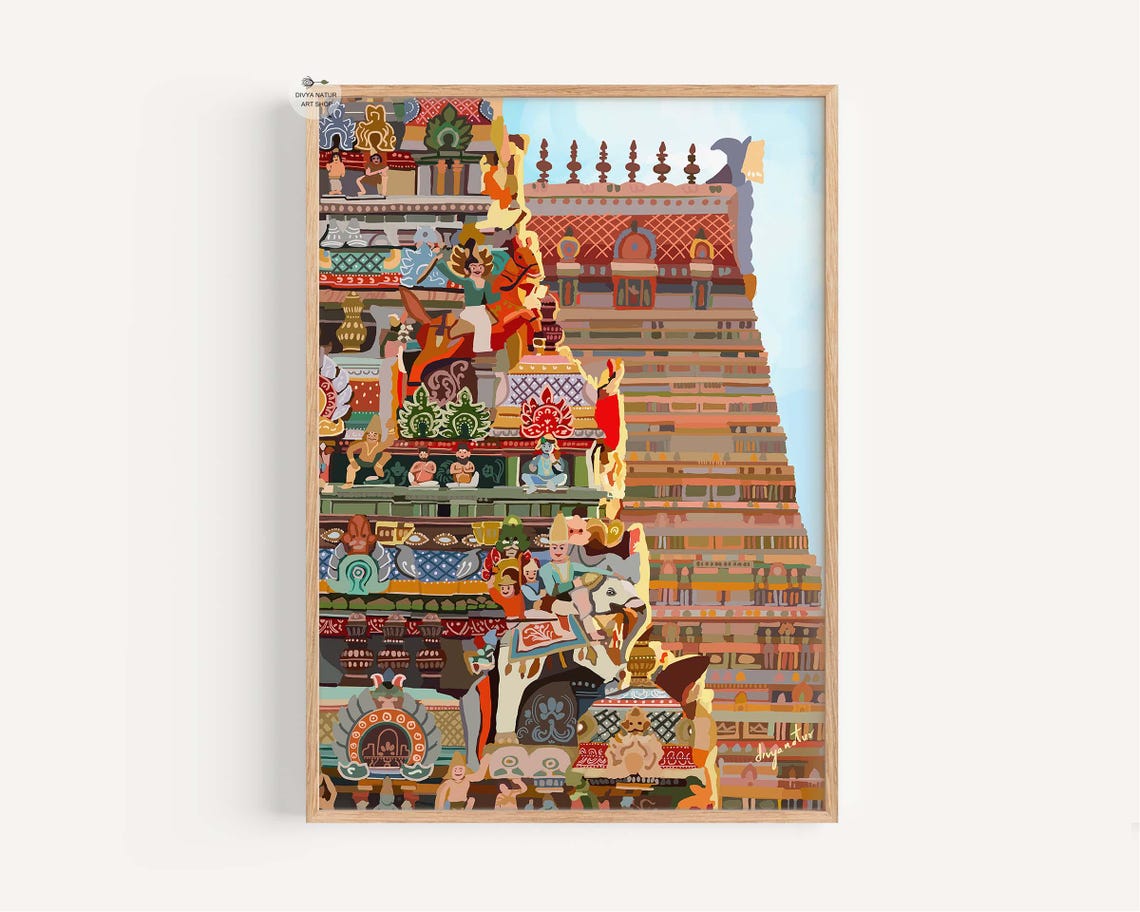 Colorful Hindu Temple Tower Sculptures Traditional Art Print