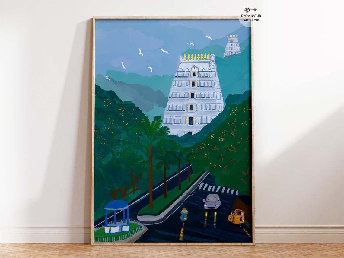 Temple Tower Over a Rainy Night Street in South India Art Print