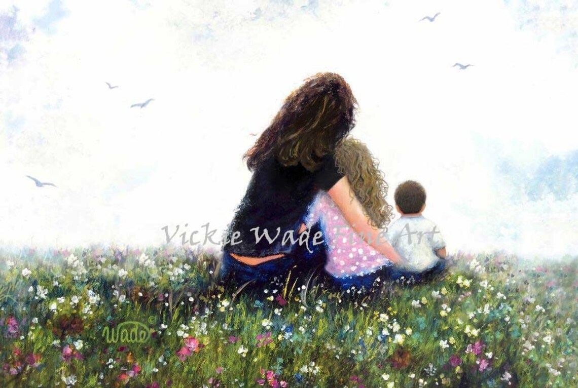 Mother with Daughter and Son Sitting in Wildflower Meadow Poster