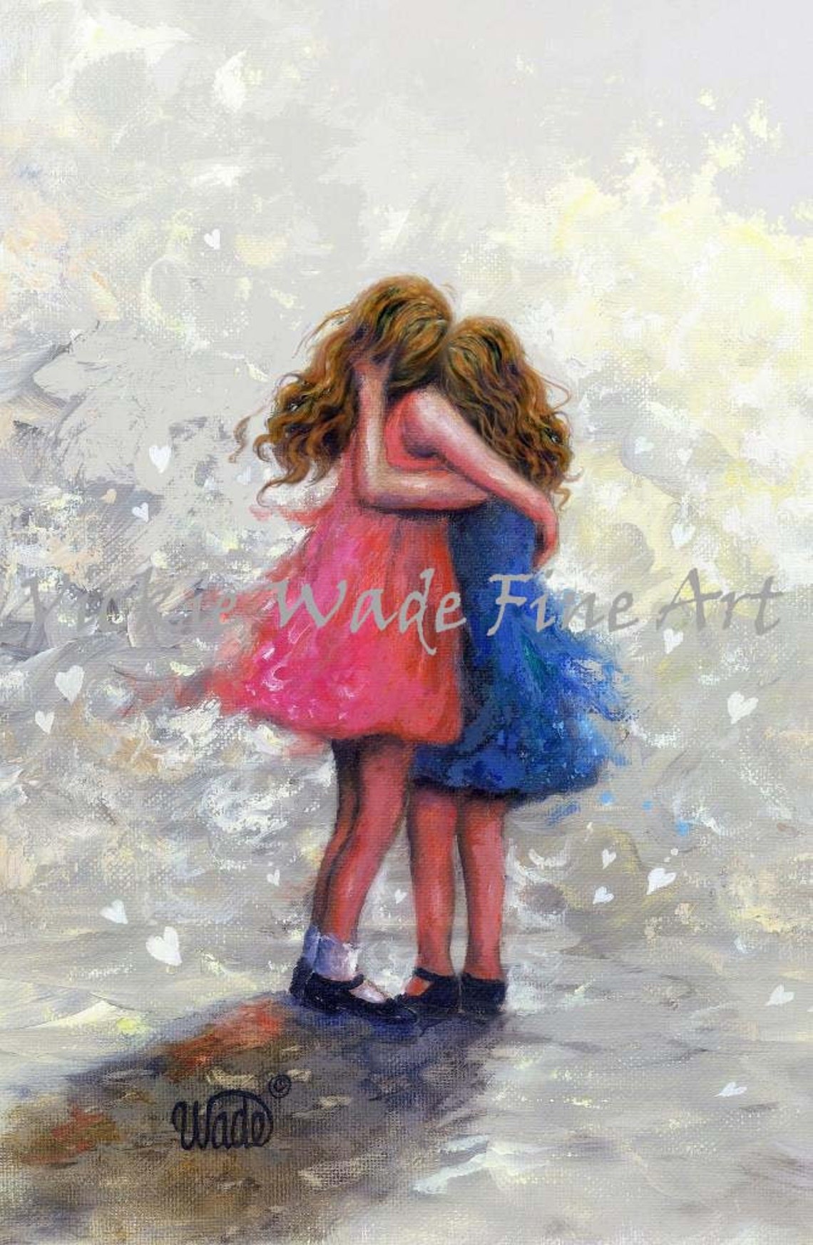 Two Redheaded Sisters Hugging Sweetly Among Floating Hearts Poster