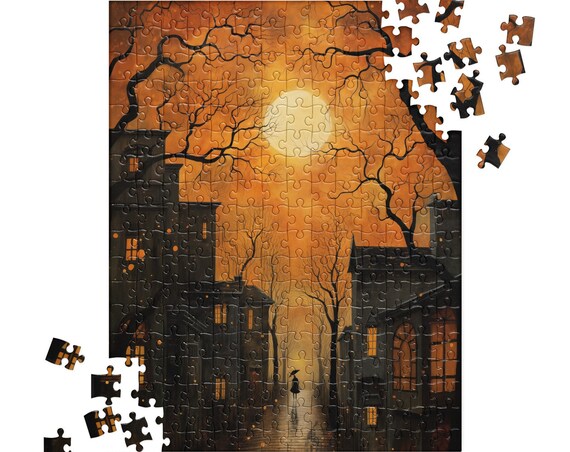 Spooky Halloween Haunted Town Full Moon Jigsaw Puzzle Poster