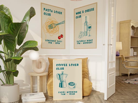 Unique Kitchen Print Set Of 3 Moka Pot Coffee Pasta Lover Poster Wine And Cheese Simple Decor Retro Wall Art Bar