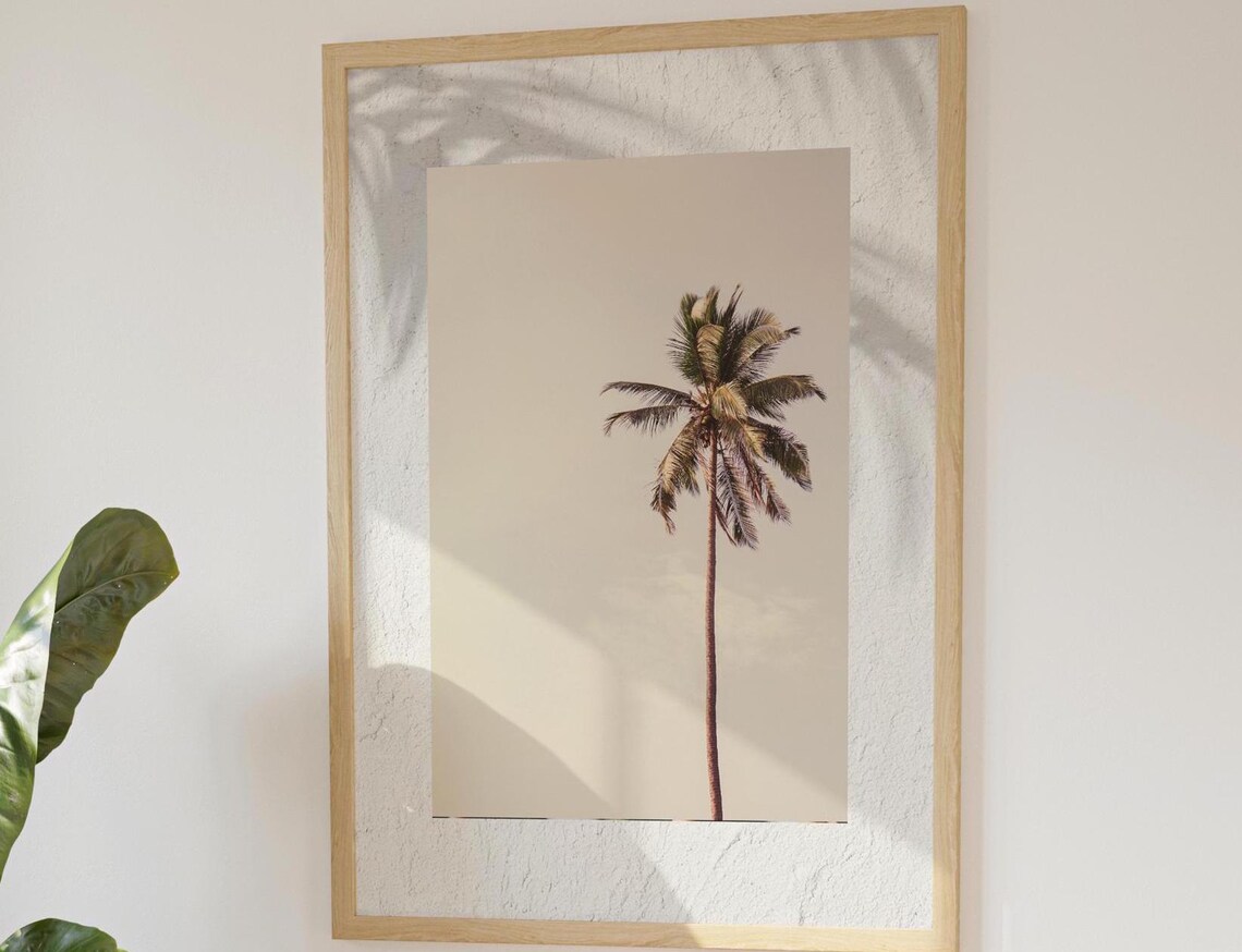 Vintage Beach Abstract Coastal Painting, Palm Tree