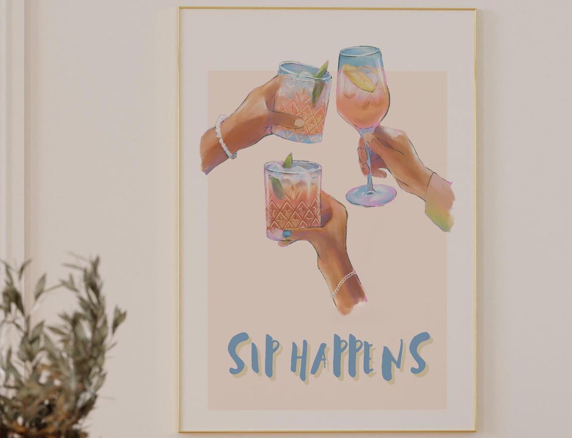 Sip Happens Pink Cocktail Cheers Girls Night Fun Retro Bar Poster